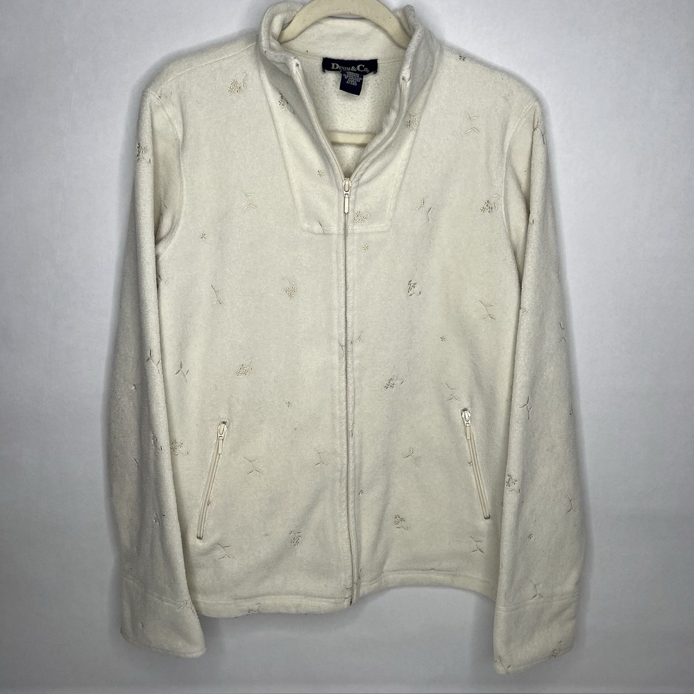 Women's Denim & Co Full Zip Zipper Pocket Embroidered Fleece Jacket Size L Dress